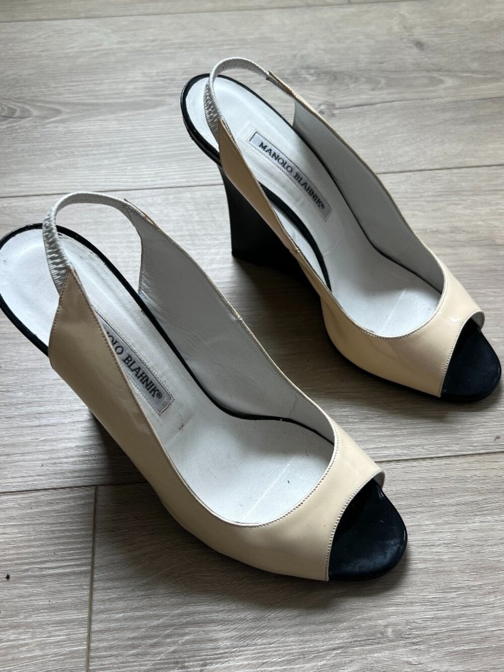 Vintage Manolo Blahnik Patent Peep Toe Wedge Sandals